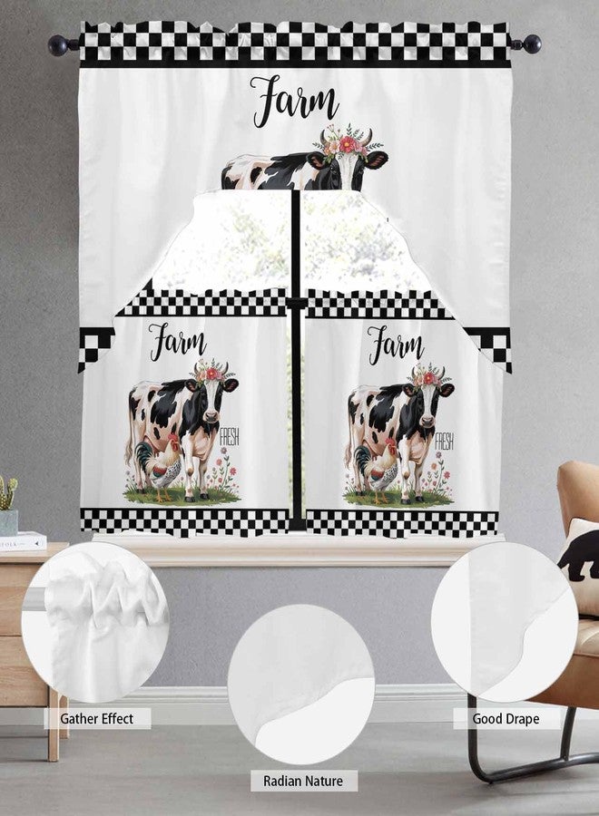 Jolunifun Cow Rooster Swag Kitchen Curtain Sets with Valance,3 Pieces Rod Pocket Curtain Drapes for Bedroom Living Room Bathroom Cafe Windows,Farm Black White Checkered Wildflower 56''x36''&24''x27.5''x2Panels - Image 5